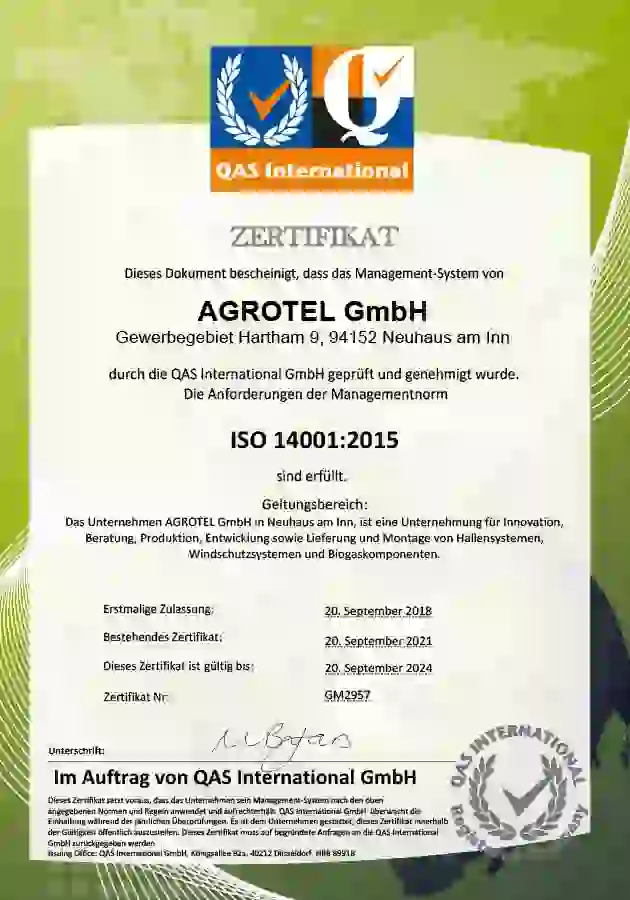 AGROTEL ISO Zertifikat 14001:2015