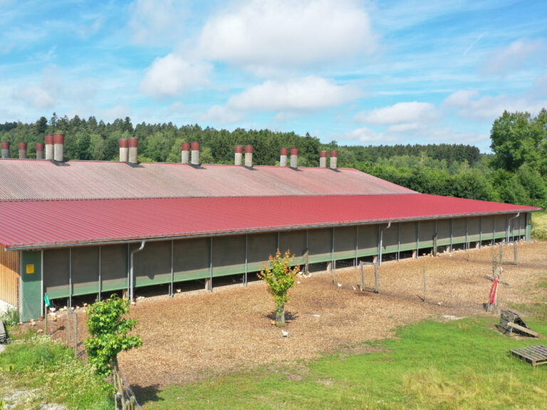 Geflügelzucht mit AGROTEL Windschutzsystem am Übergang zwischen Wintergarten und Auslauf