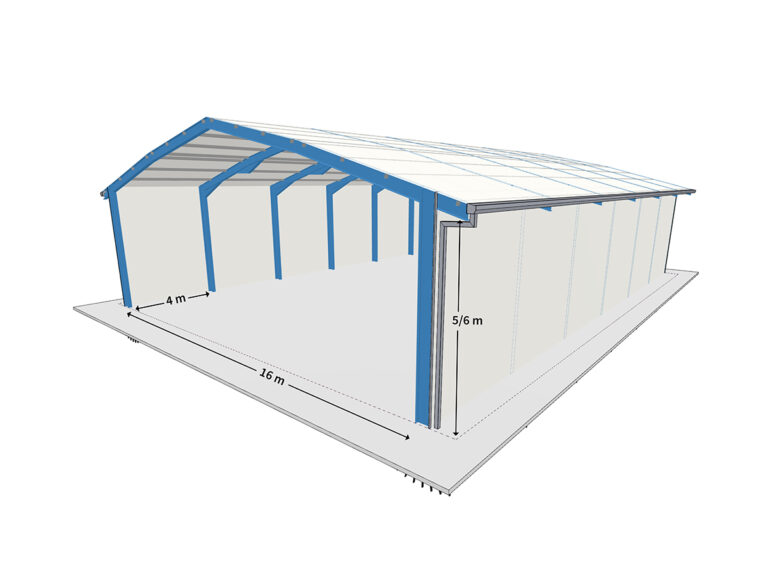 3D Darstellung einer AGROTEL Systemhalle mit 16 m Breite und einem Rastermaß von 4 m