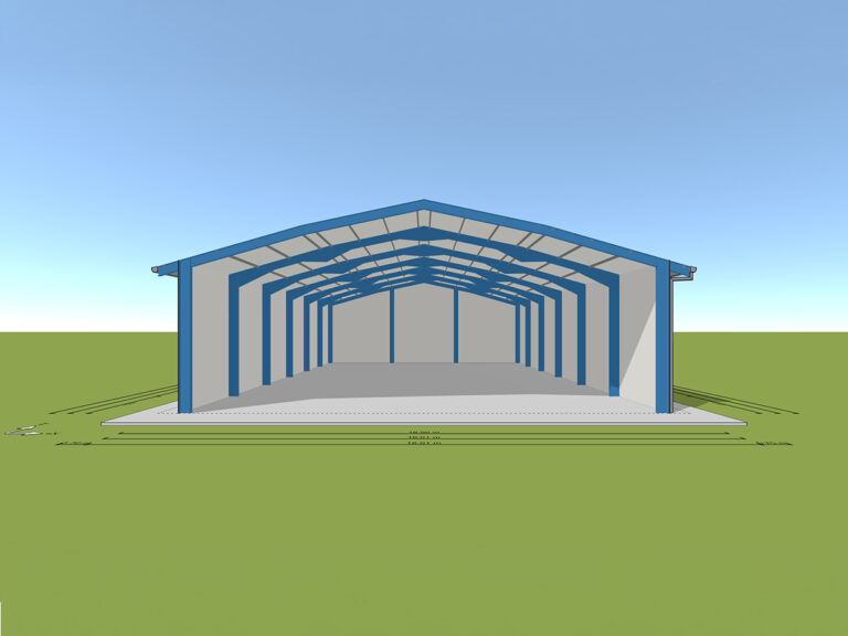Frontal-Ansicht einer AGROTEL Systemhalle mit 16 m unterstützter Breite, 4 m Stützabstand und giebelseitig geöffnet.