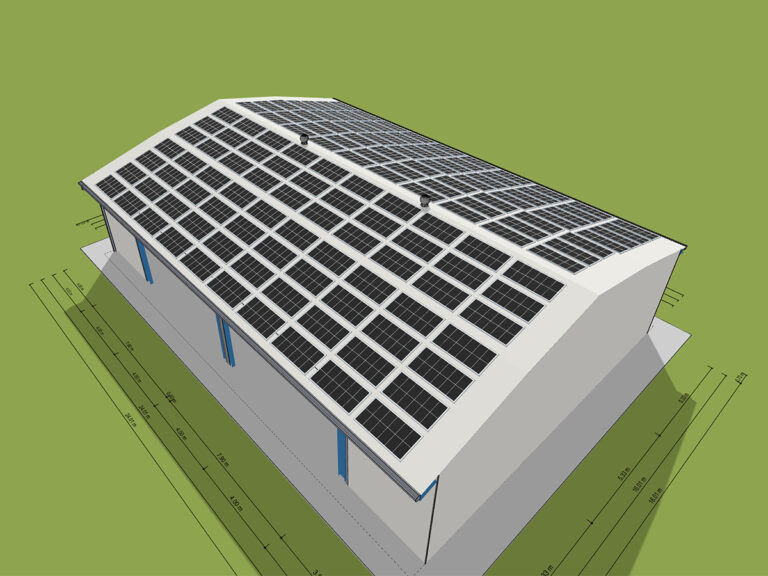 3D Animation einer AGROTEL Maschinenhalle mit 16 m Breite und einer PV-Anlage auf dem Dach