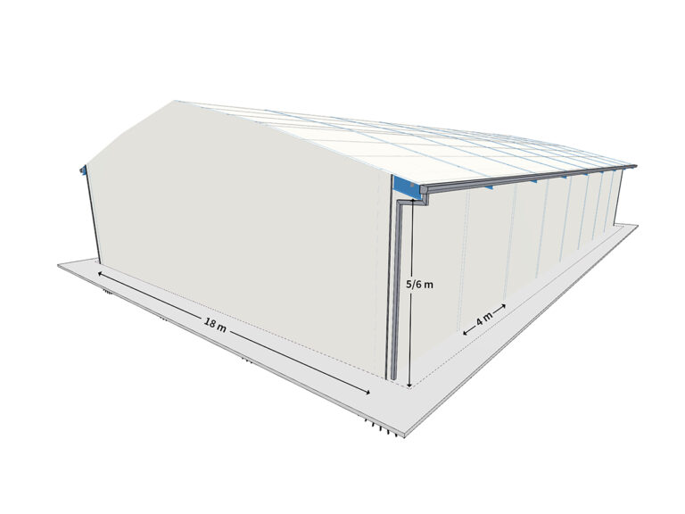 Wirtschaftlich standardisierte Systemhalle mit 18 m Breite. Länge beliebig im 4 m-Schritt erweiterbar.