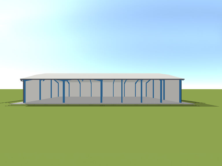 Längsansicht einer AGROTEL Systemhalle mit 18 m freitragender Spannweite. Seitlich geöffnet zur Bewirtschaftung und Ein-und Ausfahrt großer Maschinen.