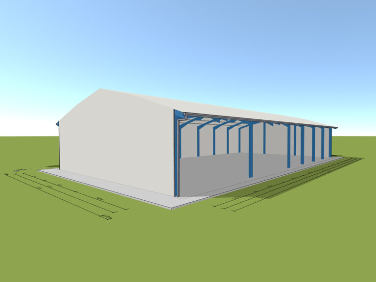 AGROTEL Maschinenhalle mit 18 m Breite, 5 m Traufenhöhe und 4 m Rastermaß. Seitlich geöffnet mit individuellen Einfahrtsbreiten.