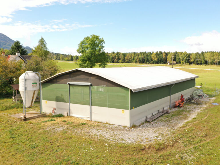 Systemhalle als Stallgebäude mit Tor Giebelseitig